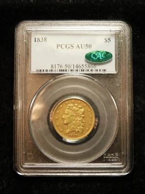 1838 $5 Classic Head Gold Half Eagle - PCGS AU50 CAC - Image 1 of 4