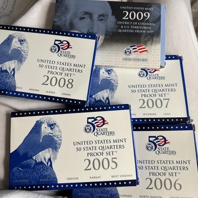 2005 2006 2007 2008 2009 United States Mint State Quarter Proof Sets W/ COA - Image 1 of 3