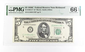 PMG 66 EPQ 1950 C $5 Richmond, VA US FRN Green Seal Fr#1964-E* Star Error *1048 - Picture 1 of 3