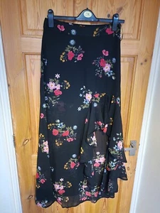 Womens Black Flower Print Long Maxi Summer Skirt Size 10 Smart Casual - Picture 1 of 3
