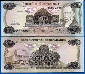 Nicaragua P-149 100,000 Cordobas / 500 Cordobas 1987 Uncirculated Banknote - Picture 1 of 1
