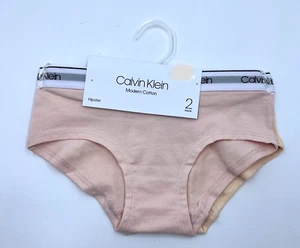 Calvin Klein Girls 2 Pack Hipster Panties Size Medium Pink Tan Logo Waistband - Picture 1 of 7