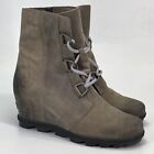 Sorel Joan of Arctic Wedge II Boots Women Size 11 Gray Leather Lace Up (F6)