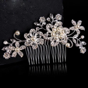 Crystal Rhinestone Wedding Flower Pearls Hair Clip Comb For Women Bride Hair - Picture 1 of 6