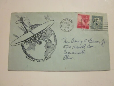 WWII US 1943 ALBANY NEW YORK Patriotic JW HUSS BLUE CACHET UNITED WE STAND - Image 1 of 4