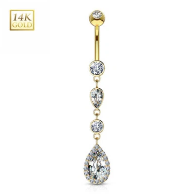 14K Gold Cascading Teardrop CZ Dangle Belly Button Ring Navel Piercing Jewelry - Image 1 of 2