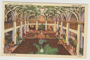 Grand Lobby, Hotel Jefferson, St. Louis, MO, Linen Postcard - Picture 1 of 2