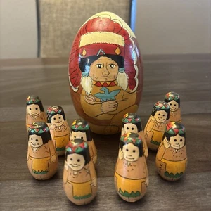 Indian Chief With 10 Braves Hand-Painted Wooden Nesting Dolls Native American - Picture 1 of 5