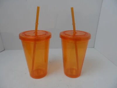 Naranja 16 oz.  Vaso acrílico doble pared piscina playa taza taza taza taza con paja - Lote de 2 Foto 1 de 4