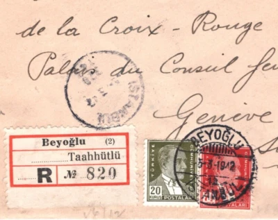 TURKEY WW2 Cover Beyoglu Registered RED CROSS SWITZERLAND Geneva MA1335 - Image 1 of 4