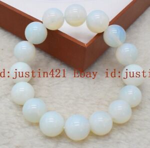 Natural 6/8/10/12/14mm White Opal Round Gemstone Stretch Bracelet 7.5'' AAA