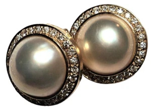 Vera Wang 14K Gelbgold echte große Mabe Perle & Diamant Ohrringe Clip Back - Bild 1 von 7