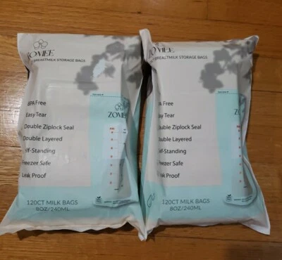 BOLSAS DE ALMACENAMIENTO DE LECHE MATERNA ZOMEE 2X 120 unidades 8 OZ/240 ML congelador seguro doble cierre Foto 1 de 4