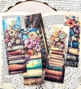 Handmade Set of 5 Vintage Books & Flower Ephemera Set #1 Card Stock Bookmarks - Picture 1 of 2