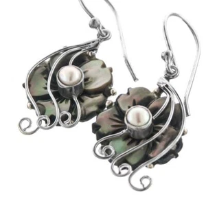 925 Silver Black Mother Of Pearl Shell Flower Hand Carving Pearl Earrings, 1" - Picture 1 of 3