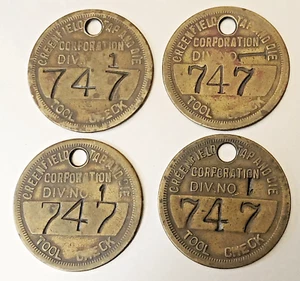 VTG Matched Set Of 4 GREENFIELD TAG & DIE CORP Tool Check Brass Tags #747 - Picture 1 of 2