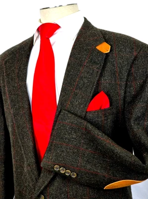 Abrigo Deportivo De Colección Evan Picone Filene's Tweed Lana Cuadros Espiga Borde Cuero 48 Foto 1 de 4