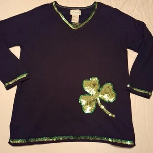 Vintage Quacker Factory Black Sweater Green Sequined Clover Women's Size Medium - Picture 1 of 11