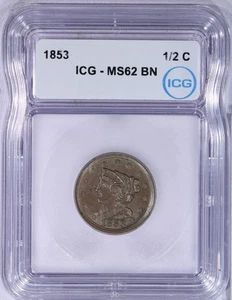 1853 Braided Hair Half Cent 1/2C ICG MS62 BN - Picture 1 of 4
