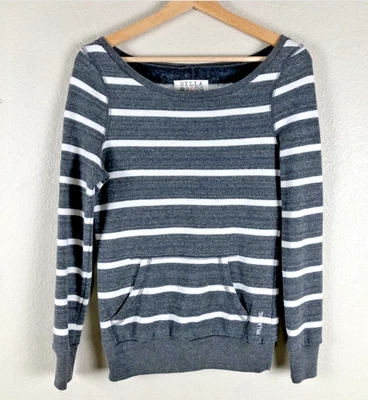 Billabong Sweatshirt Womens Small Gray White Striped Kangaroo Pocket Boat Neck - Image 1 of 4