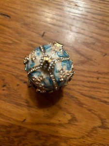 Vintage Bejeweled Enamel Rhinestone Egg Trinket Box w/ Footed Stand - Picture 1 of 10