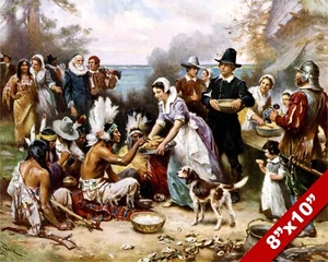 FIRST THANKSGIVING PILGRIMS INDIANS AMERICAN OIL PAINTING ART REAL CANVAS PRINT - Picture 1 of 5
