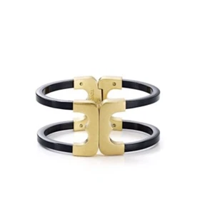 Tory Burch Gold Gemini Link Black Resin Hinge Wide Cuff Magnetic Bracelet $198 - Picture 1 of 12