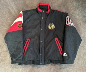 VTG Chicago Blackhawks Starter Jacket Sz M Quilted Coat NHL Hockey Large Logos - Picture 1 of 11