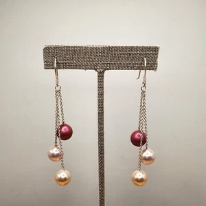 Swarovski Sterling Dangle Earrings Mulberry Pink Peach Rosaline Pearl Crystal - Picture 1 of 3
