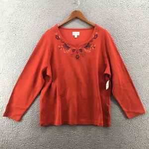 Studio Works Long Sleeve Top Womens 2X Plus Red Orange Embroidered Floral NEW - Picture 1 of 18