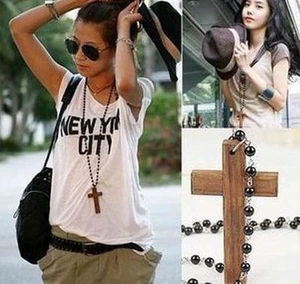 Men’s/Women’s: Wood Cross/Crucifix Pendant & Rosario Rosary Beads Necklace Chain - Picture 1 of 4