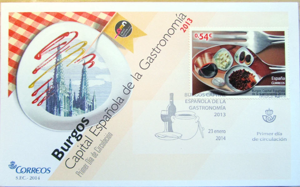  SOBRE 1º DIA CIRCULACION  BURGOS CAPITAL ESPAÑOLA DE LA GASTRONOMIA 2013 - Imagen 1 de 1
