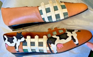 Vintage Beverly Feldman spanische Leder-Flats - Kühe & weißer Lattenzaun 9,5 - Bild 1 von 7
