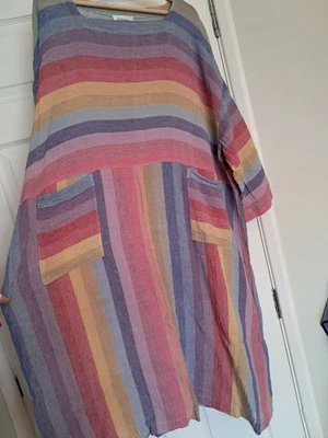 Sahara Dress Rainbow Striped Colourful Size XL Oversized Relaxed Patch Pockets - Image 1 of 4