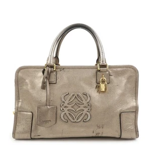LOEWE Anagram Leather Amazona 36 Hand Bag Boston Bag Silver Grey Auth Used F/S - Picture 1 of 23