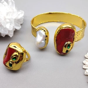 25x35mm Red Coral Green Crystal Chunky Bangle Bracelet Ring Set - Picture 1 of 6