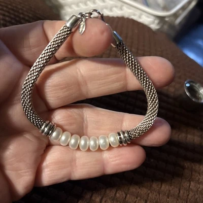 Sterling Silver Mesh Pearl Bracelet 7 1/2” Marked 925 CI - Image 1 of 4