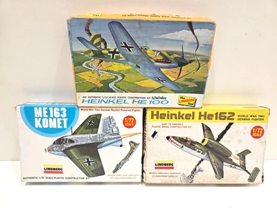 3X LOT 1/72 LINDBERG HEINKEL HE162 + ME163 KOMET + HE100 VINTAGE AIRPLANE MODELS - Image 1 of 2