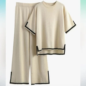 Tanming 2 Piece Lounge Set Short Sleeve Knit Wide Leg Pants Cream & Black Medium - Picture 1 of 12