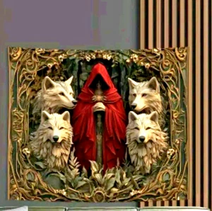 Figura encapuchada roja 3D y tapiz paquete de lobos - 3,3 x 2,5 pies, arte de pared único - Imagen 1 de 2