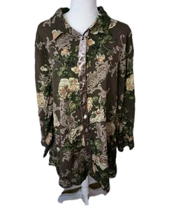 Oddy 2X Womens Tunic Top Brown Floral Velvet Trim Button Shirt Paisley Lagenlook - Picture 1 of 16