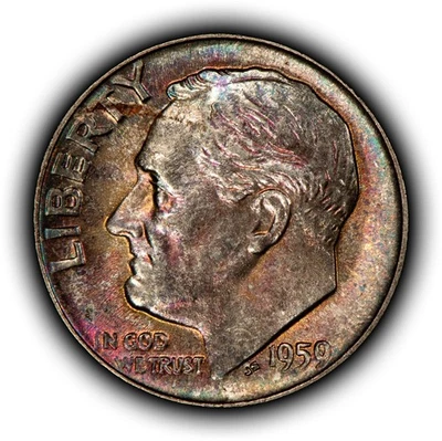 1959 10c Roosevelt Silver Dime - PQ Rainbow Toning - SKU-Z6171 - Image 1 of 4
