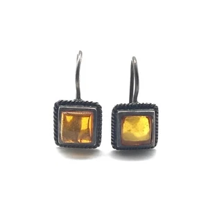 Vintage 925 Sterling Silver Orange Amber Ladies Estate Drop Earrings - Picture 1 of 4