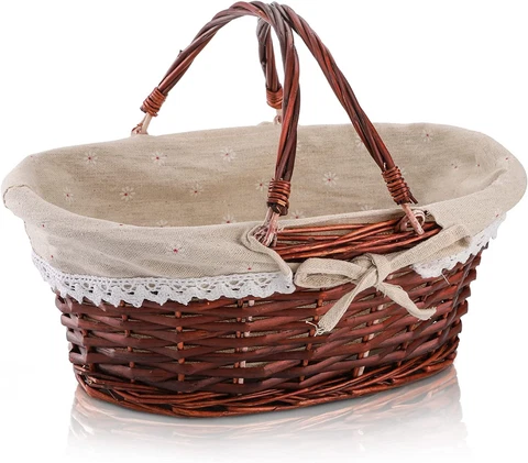 Wicker Basket with Handle, Picnic Basket with Liner, Empty Gift Basket, Gardenin Cover