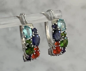 Beautiful Genuine Multi Gemstone Hoop Earrings 6.15 CTW 925 Sterling Silver - Picture 1 of 19