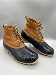 Eddie Bauer 6 inch Leather Brown Navy Rubber Duck Boots size 9 - Picture 1 of 10