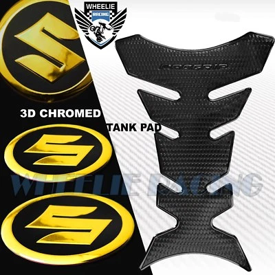 ЧЕРНЫЙ PRO ЗАХВАТ ТОПЛИВНЫЙ БАК ПОДУШЕЧКА + 2 «ЗОЛОТОЙ SUZUKI 3D ЛОГОТИП ОБТЕКАТЕЛЬ ЭМБЛЕМА ЗНАЧОК НАКЛЕЙКА - Изображение 1 из 4