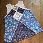 Umgee BOHO FLORAL PATCHWORK & OFF WHITE TANK TOP SIZE MEDIUM LACE ACCENTS EUC