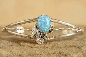 Navajo Indianer Sterlingsilber Feueropal Blatt Manschette Armband laufender Bär - Bild 1 von 5