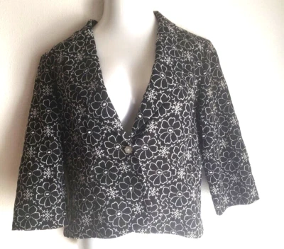 Studio I Black Embroidered Jacket Blazer Sz 14 Bust 41" Floral design contoured - Image 1 of 4
